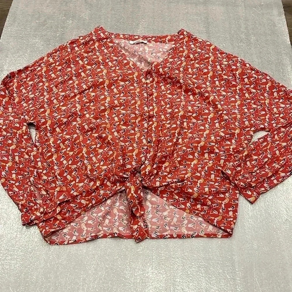 [L]BeachLunchLounge V Neck  Button Up Tie Hem LS Cropped Bird Blouse - Picture 1 of 7